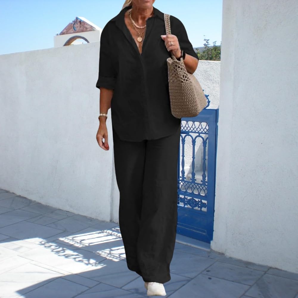【I AM MARI】Washia Linen S/S T Blouse Wide Slacks Set WASHABLE_SILK_HIGH_RISE_PANT_S